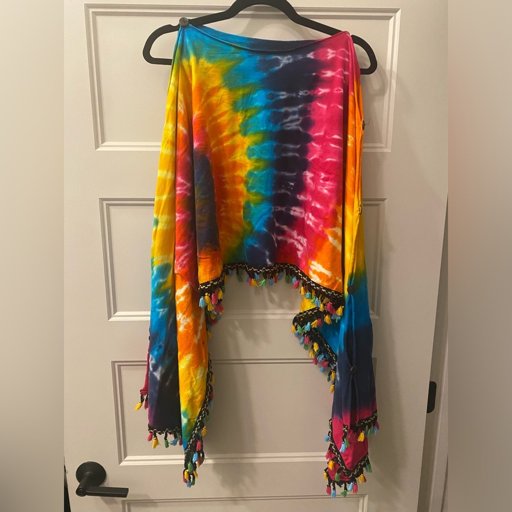 Colorful Tie-Dye Boho Bell Sleeved Shirt w/ Fringe~ Can Also Be Worn As A Scarf